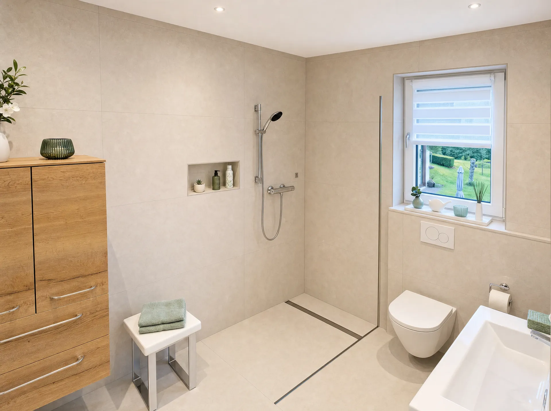 Barrierefreie Dusche mit Duschrinne und Gartenblick