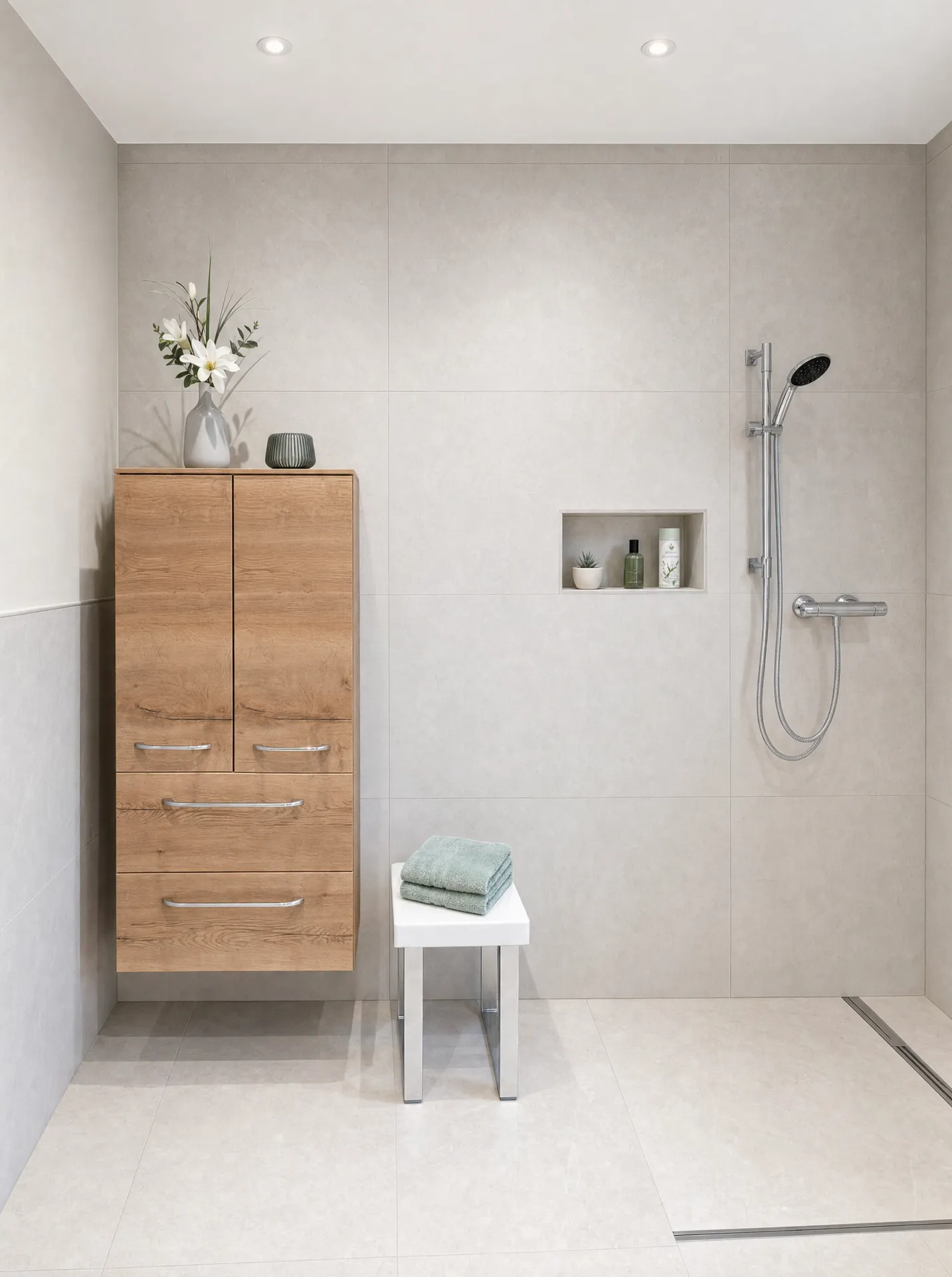Walk-in-Dusche mit XXL-Fliesen in Steinoptik